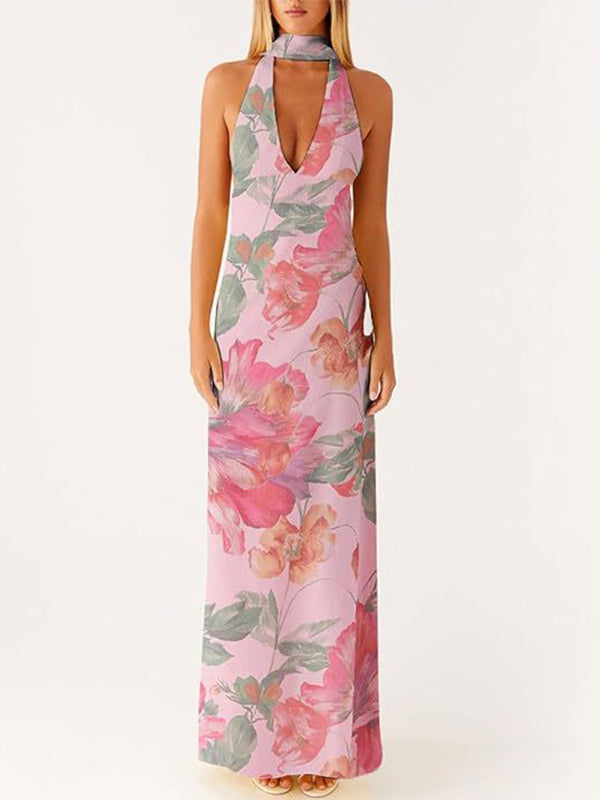 Minimalism Halter Neck Maxi Dress For Women - Elegant Backless Sleeveless Prom Gown With Scarf - Summer Formal Evening 2026