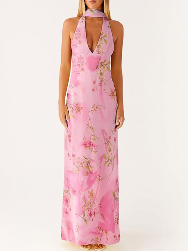 Minimalism Halter Neck Maxi Dress For Women - Elegant Backless Sleeveless Prom Gown With Scarf - Summer Formal Evening 2026