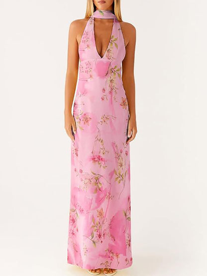 Minimalism Halter Neck Maxi Dress For Women - Elegant Backless Sleeveless Prom Gown With Scarf - Summer Formal Evening 2026