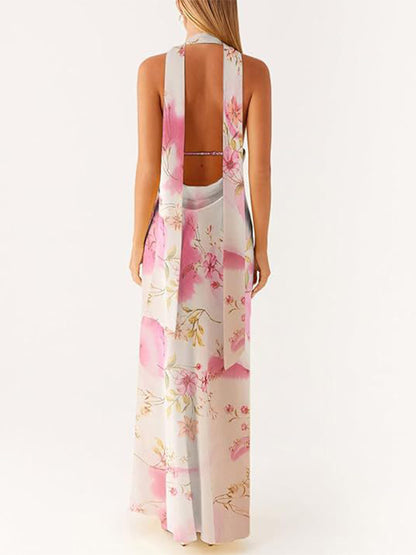 Minimalism Halter Neck Maxi Dress For Women - Elegant Backless Sleeveless Prom Gown With Scarf - Summer Formal Evening 2026