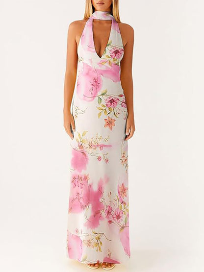 Minimalism Halter Neck Maxi Dress For Women - Elegant Backless Sleeveless Prom Gown With Scarf - Summer Formal Evening 2026