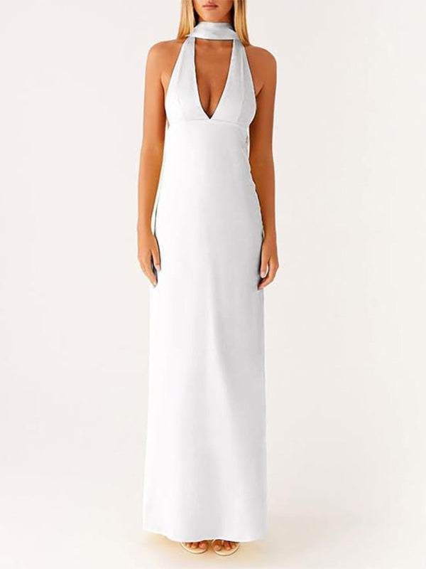 Minimalism Halter Neck Maxi Dress For Women - Elegant Backless Sleeveless Prom Gown With Scarf - Summer Formal Evening 2026