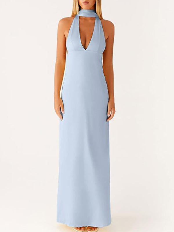 Minimalism Halter Neck Maxi Dress For Women - Elegant Backless Sleeveless Prom Gown With Scarf - Summer Formal Evening 2026