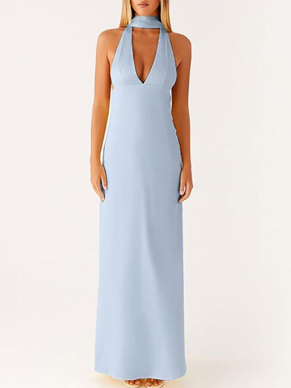 Minimalism Halter Neck Maxi Dress For Women - Elegant Backless Sleeveless Prom Gown With Scarf - Summer Formal Evening 2026