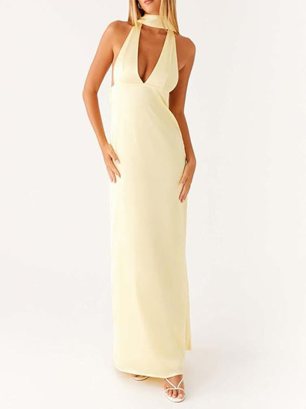 Minimalism Halter Neck Maxi Dress For Women - Elegant Backless Sleeveless Prom Gown With Scarf - Summer Formal Evening 2026