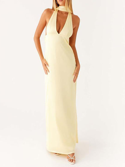 Minimalism Halter Neck Maxi Dress For Women - Elegant Backless Sleeveless Prom Gown With Scarf - Summer Formal Evening 2026
