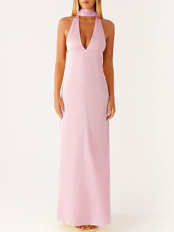 Minimalism Halter Neck Maxi Dress For Women - Elegant Backless Sleeveless Prom Gown With Scarf - Summer Formal Evening 2026