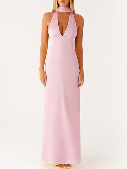 Minimalism Halter Neck Maxi Dress For Women - Elegant Backless Sleeveless Prom Gown With Scarf - Summer Formal Evening 2026
