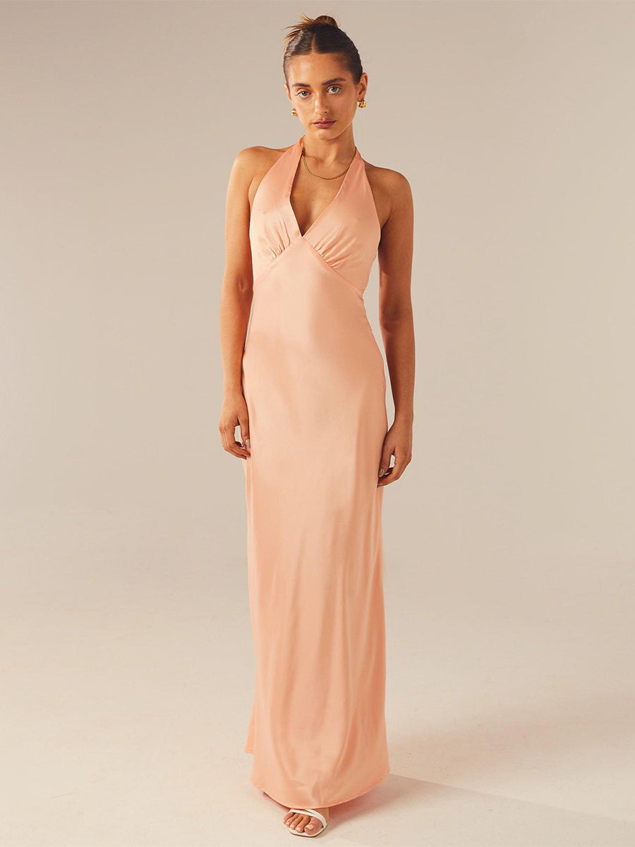 Minimalist Halter Maxi Dress For Women - Deep V Neck Backless Sleevless Long Gown - Summer Cocktail Evening 2026