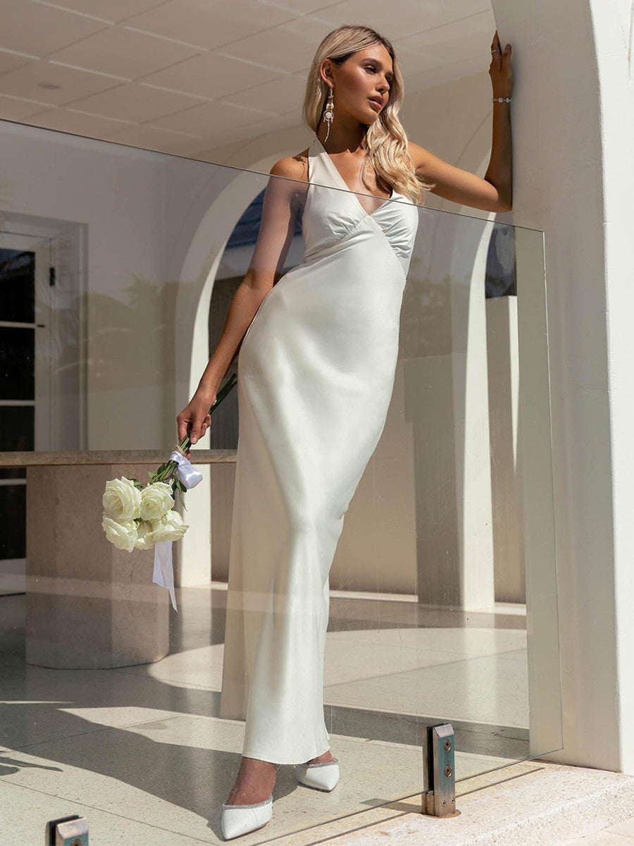 Minimalist Halter Maxi Dress For Women - Deep V Neck Backless Sleevless Long Gown - Summer Cocktail Evening 2026