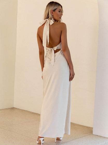 Minimalist Halter Maxi Dress For Women - Deep V Neck Backless Sleevless Long Gown - Summer Cocktail Evening 2026