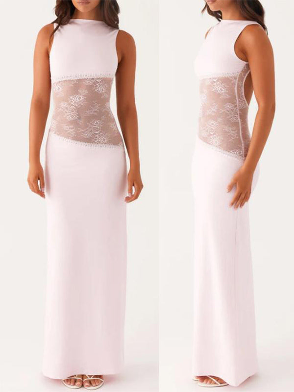 Lace Patchwork Maxi Gown For Women - Elegant Open Back Sleeveless Bodycon Long Dress - Summer Formal Evening Party 2026