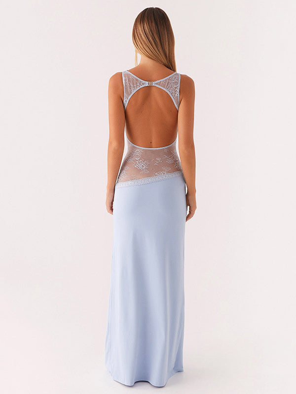 Lace Patchwork Maxi Gown For Women - Elegant Open Back Sleeveless Bodycon Long Dress - Summer Formal Evening Party 2026