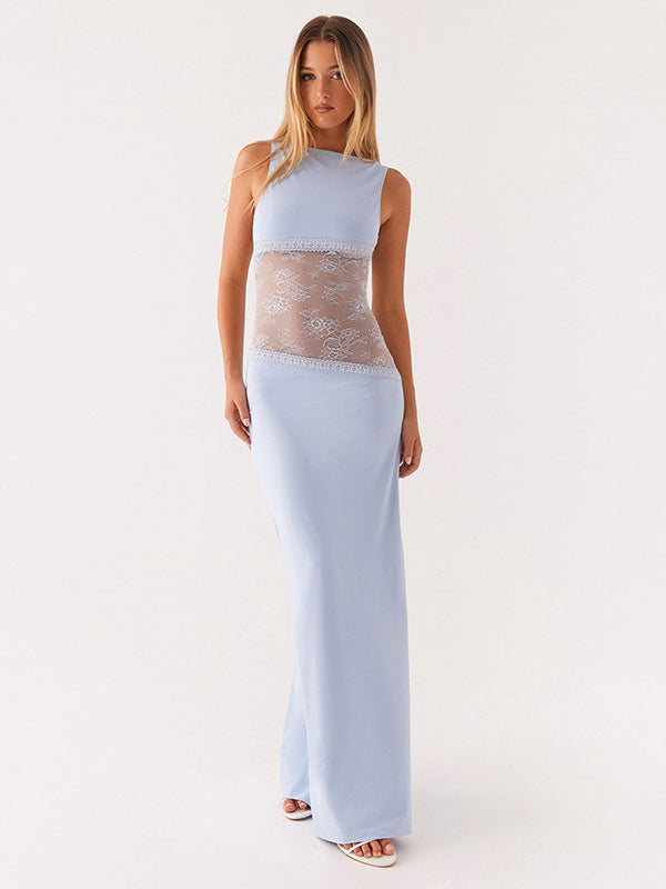 Lace Patchwork Maxi Gown For Women - Elegant Open Back Sleeveless Bodycon Long Dress - Summer Formal Evening Party 2026