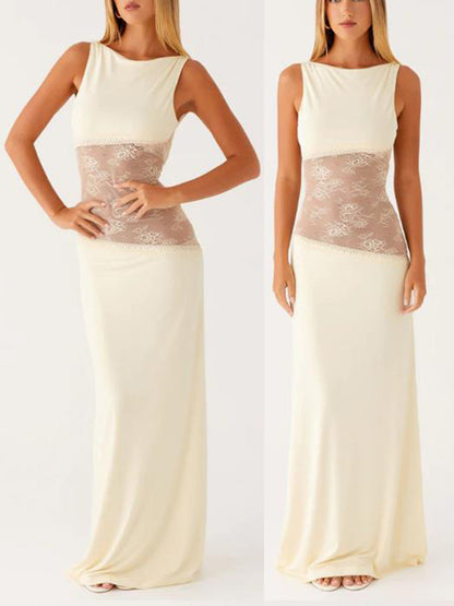 Lace Patchwork Maxi Gown For Women - Elegant Open Back Sleeveless Bodycon Long Dress - Summer Formal Evening Party 2026