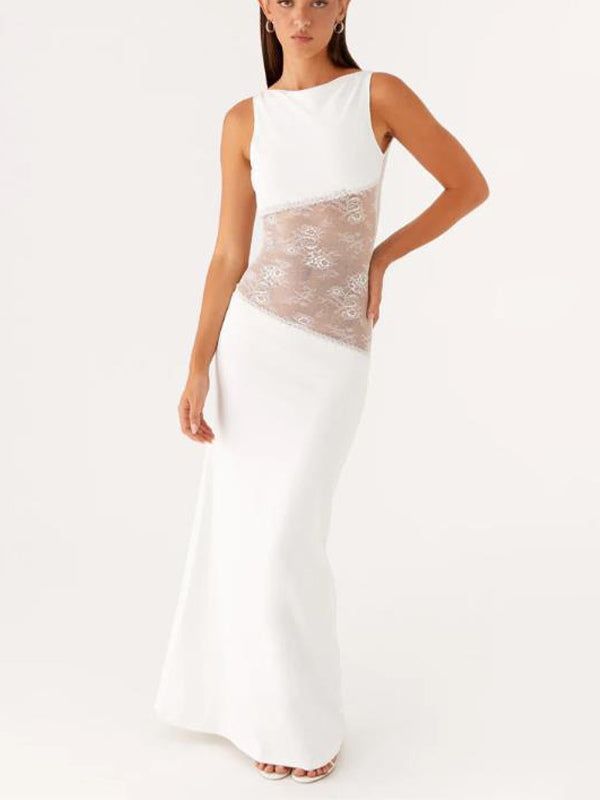 Lace Patchwork Maxi Gown For Women - Elegant Open Back Sleeveless Bodycon Long Dress - Summer Formal Evening Party 2026