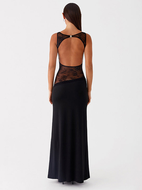 Lace Patchwork Maxi Gown For Women - Elegant Open Back Sleeveless Bodycon Long Dress - Summer Formal Evening Party 2026