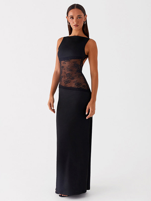 Lace Patchwork Maxi Gown For Women - Elegant Open Back Sleeveless Bodycon Long Dress - Summer Formal Evening Party 2026