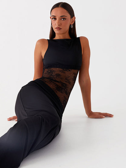 Lace Patchwork Maxi Gown For Women - Elegant Open Back Sleeveless Bodycon Long Dress - Summer Formal Evening Party 2026