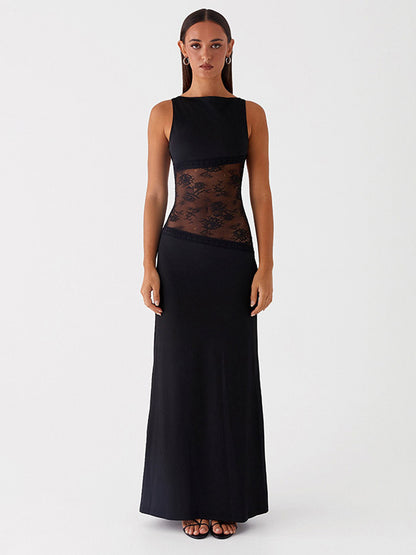 Lace Patchwork Maxi Gown For Women - Elegant Open Back Sleeveless Bodycon Long Dress - Summer Formal Evening Party 2026