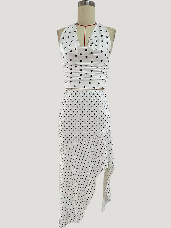 Polka Dot Two Piece Set For Women - White Halter Cowl Neck Top And Ruffled Low High Maxi Skirt - Summer Beach Vacation 2026