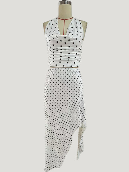 Polka Dot Two Piece Set For Women - White Halter Cowl Neck Top And Ruffled Low High Maxi Skirt - Summer Beach Vacation 2026