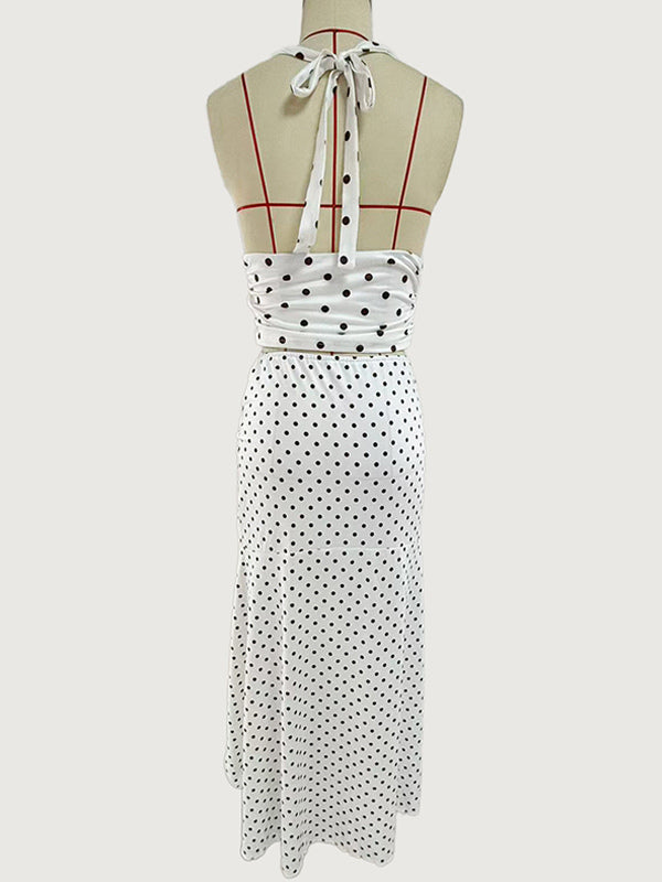 Polka Dot Two Piece Set For Women - White Halter Cowl Neck Top And Ruffled Low High Maxi Skirt - Summer Beach Vacation 2026