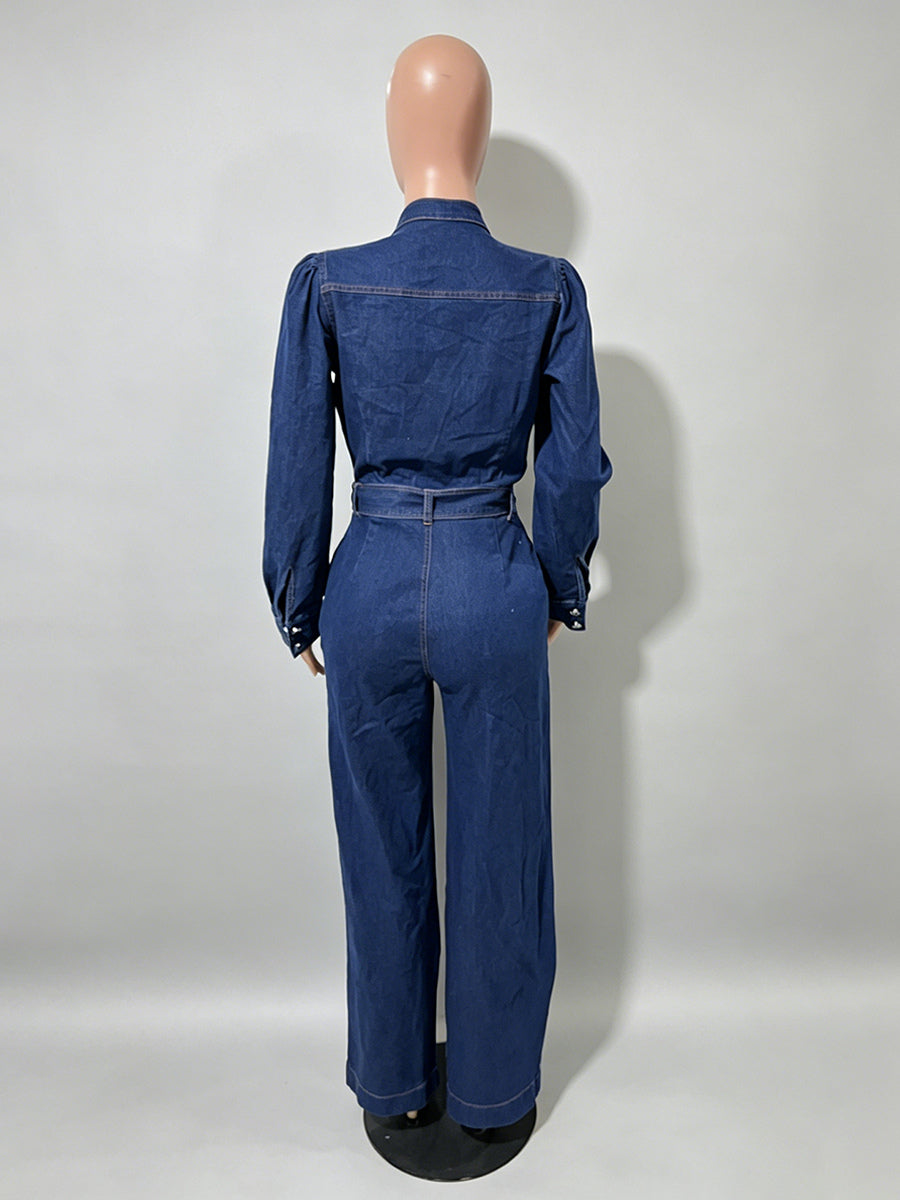 Puff Sleeve Denim Jumpsuit For Women - Dark Blue Retro Wide Leg Belted Button Front Romper - Spring Casual Party Wear 2026