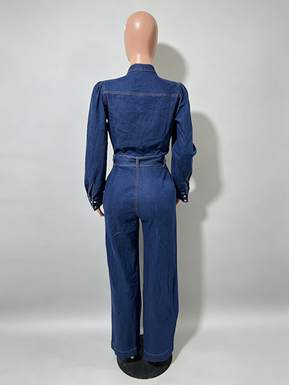 Puff Sleeve Denim Jumpsuit For Women - Dark Blue Retro Wide Leg Belted Button Front Romper - Spring Casual Party Wear 2026