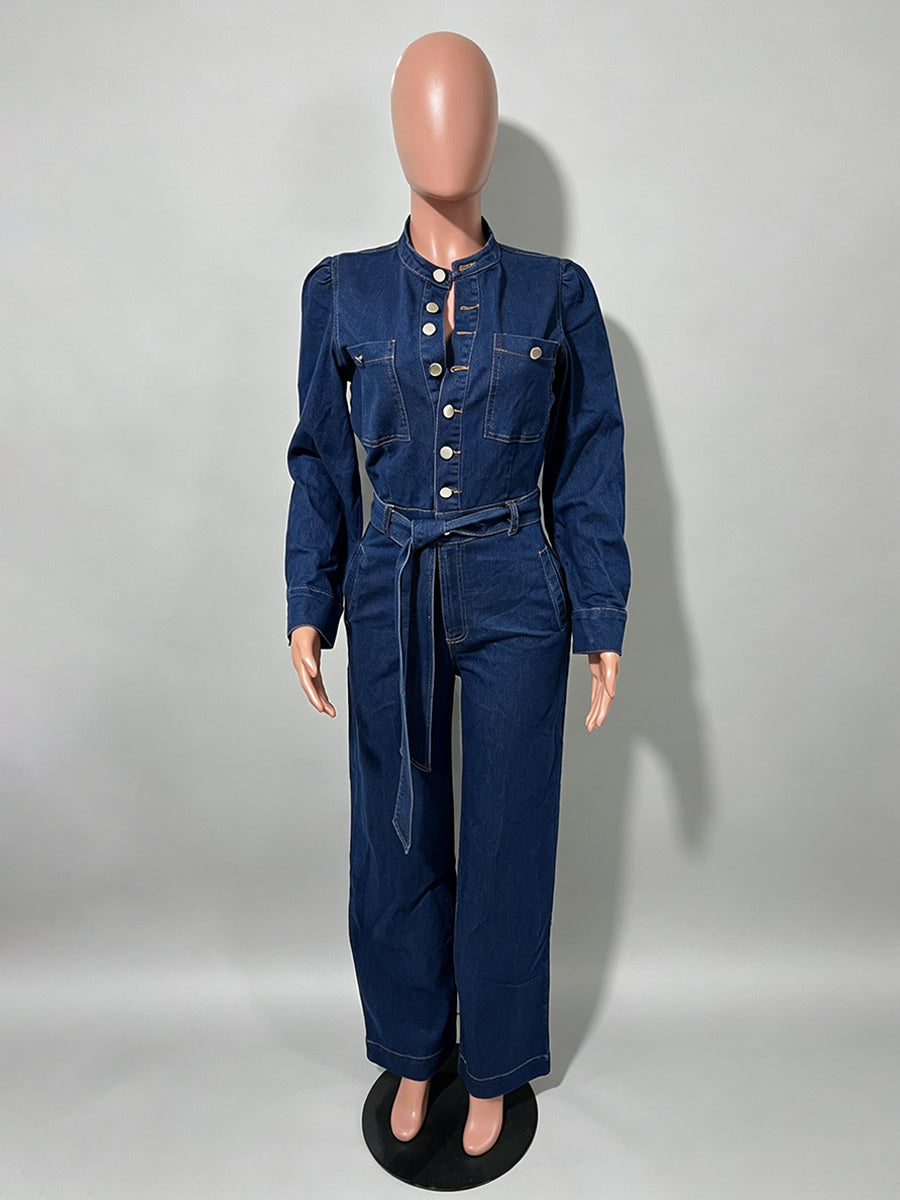 Puff Sleeve Denim Jumpsuit For Women - Dark Blue Retro Wide Leg Belted Button Front Romper - Spring Casual Party Wear 2026