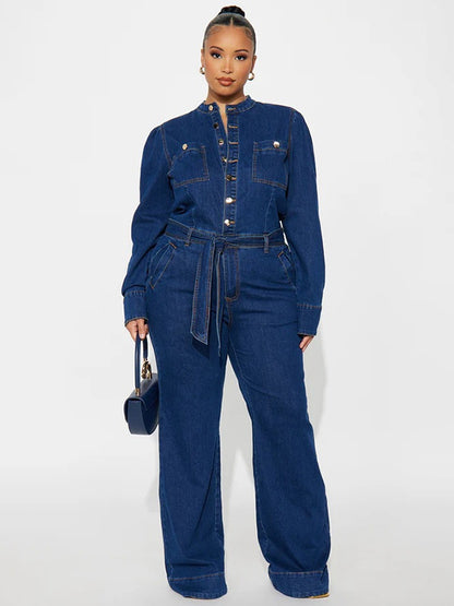 Puff Sleeve Denim Jumpsuit For Women - Dark Blue Retro Wide Leg Belted Button Front Romper - Spring Casual Party Wear 2026