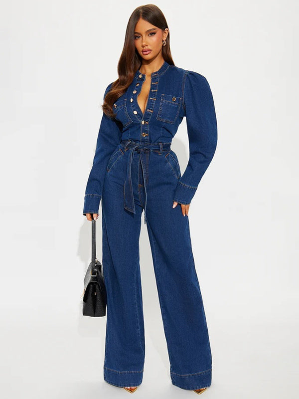 Puff Sleeve Denim Jumpsuit For Women - Dark Blue Retro Wide Leg Belted Button Front Romper - Spring Casual Party Wear 2026