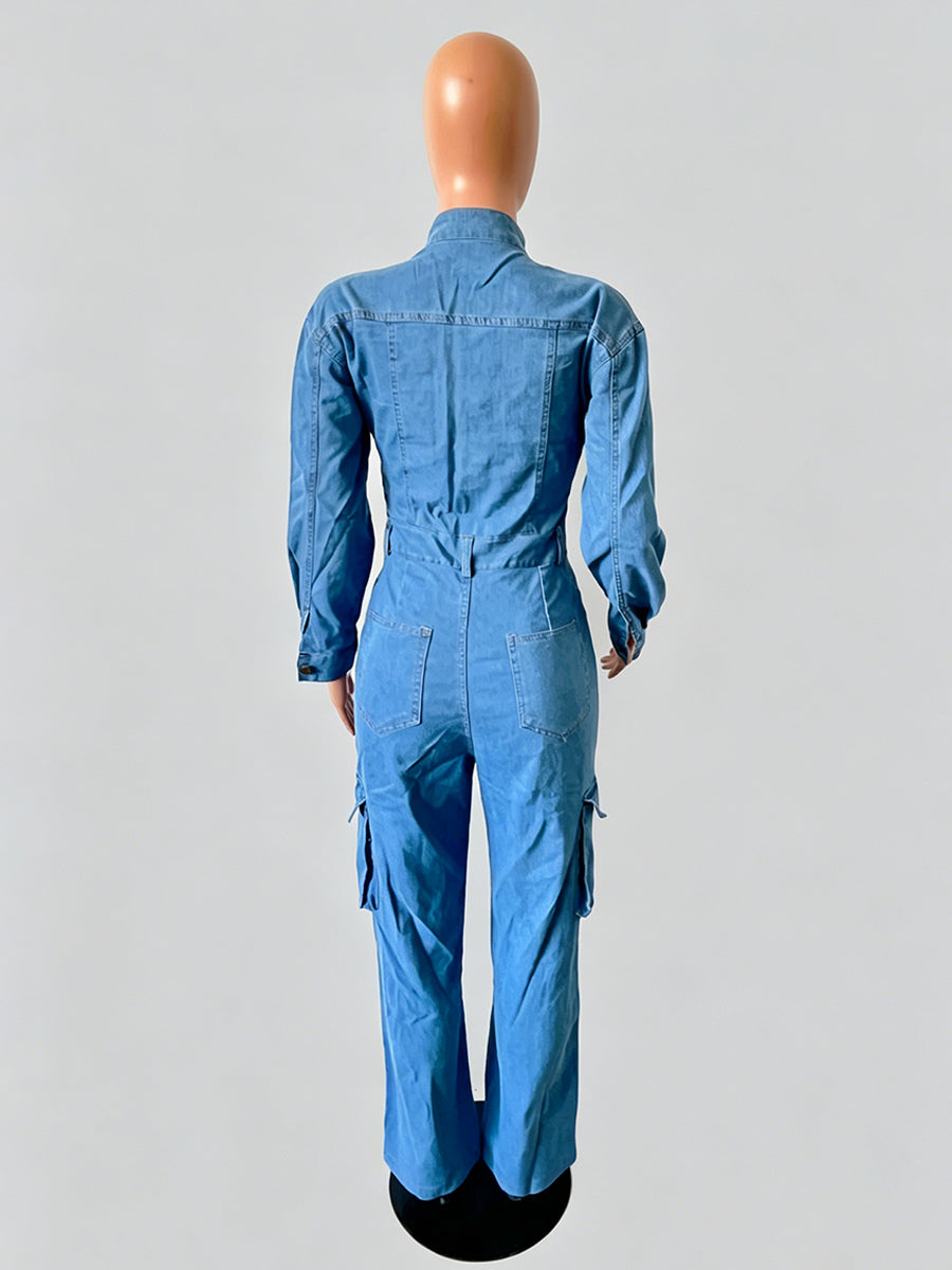 Cargo Denim Jumpsuit For Women - Light Blue Utility Style Accordion Pocket Wide Leg Jean Romper - Spring Streetwear 2026