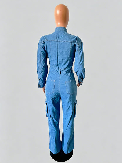 Cargo Denim Jumpsuit For Women - Light Blue Utility Style Accordion Pocket Wide Leg Jean Romper - Spring Streetwear 2026