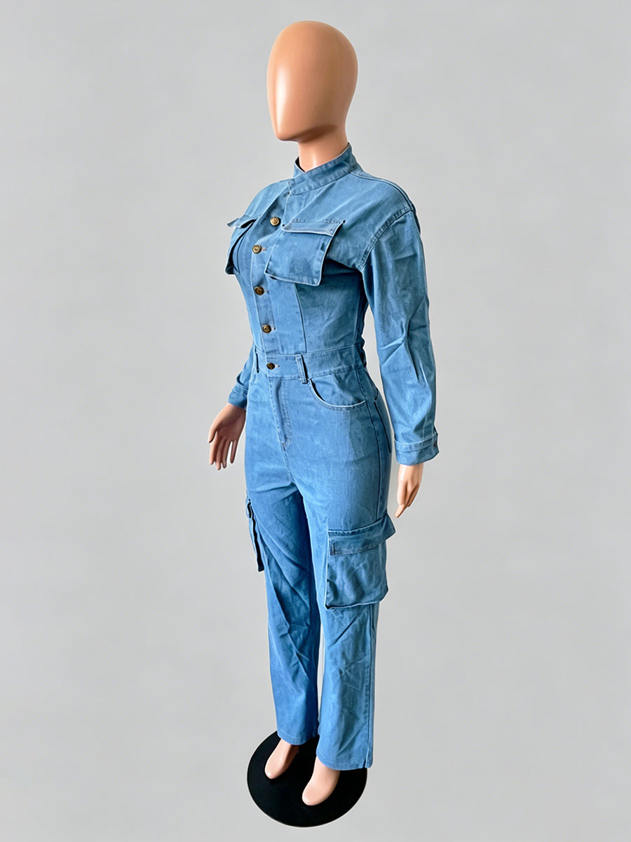 Cargo Denim Jumpsuit For Women - Light Blue Utility Style Accordion Pocket Wide Leg Jean Romper - Spring Streetwear 2026