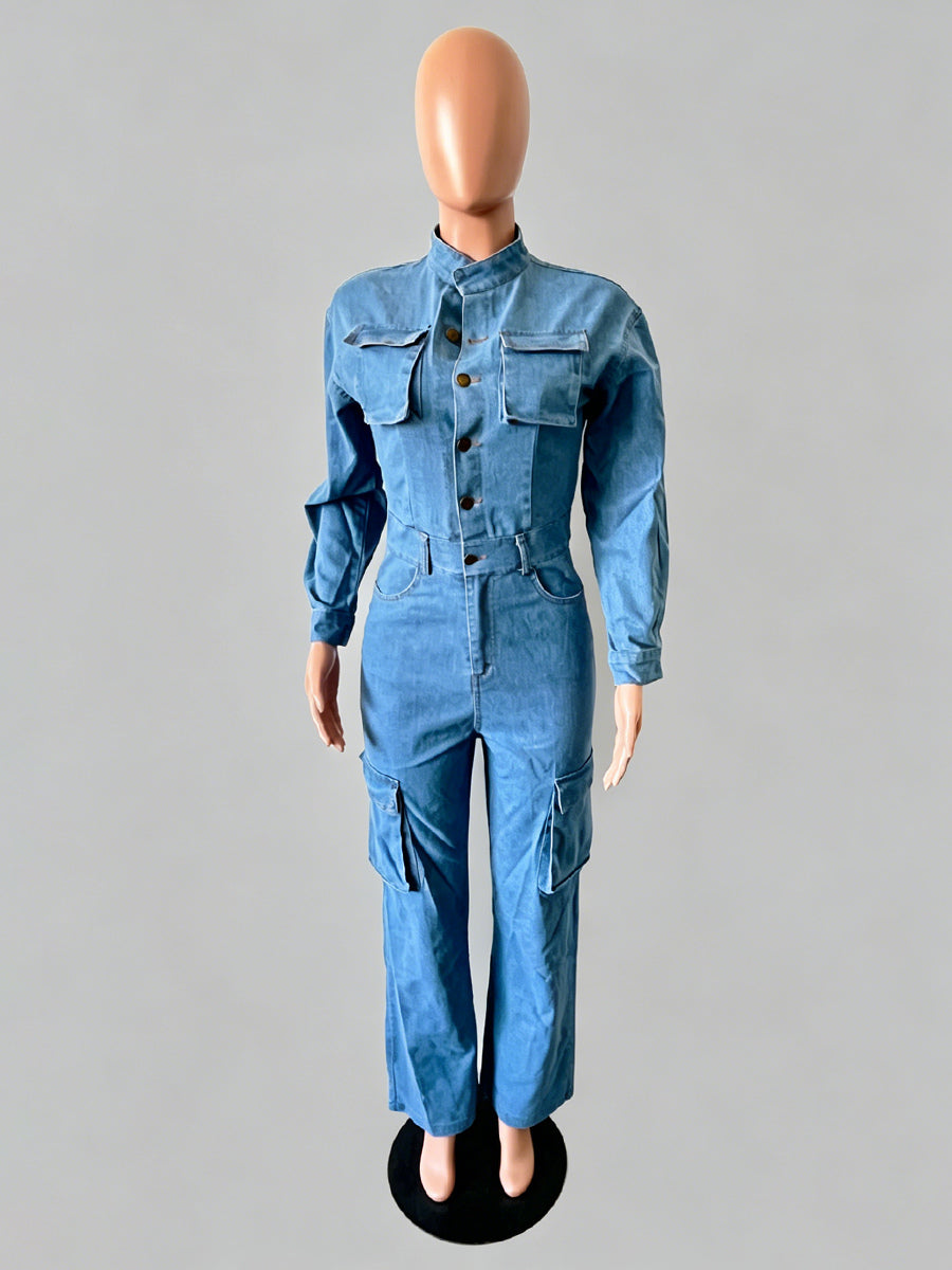 Cargo Denim Jumpsuit For Women - Light Blue Utility Style Accordion Pocket Wide Leg Jean Romper - Spring Streetwear 2026