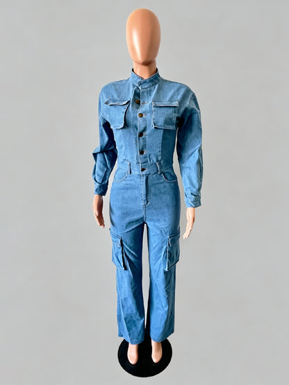 Cargo Denim Jumpsuit For Women - Light Blue Utility Style Accordion Pocket Wide Leg Jean Romper - Spring Streetwear 2026