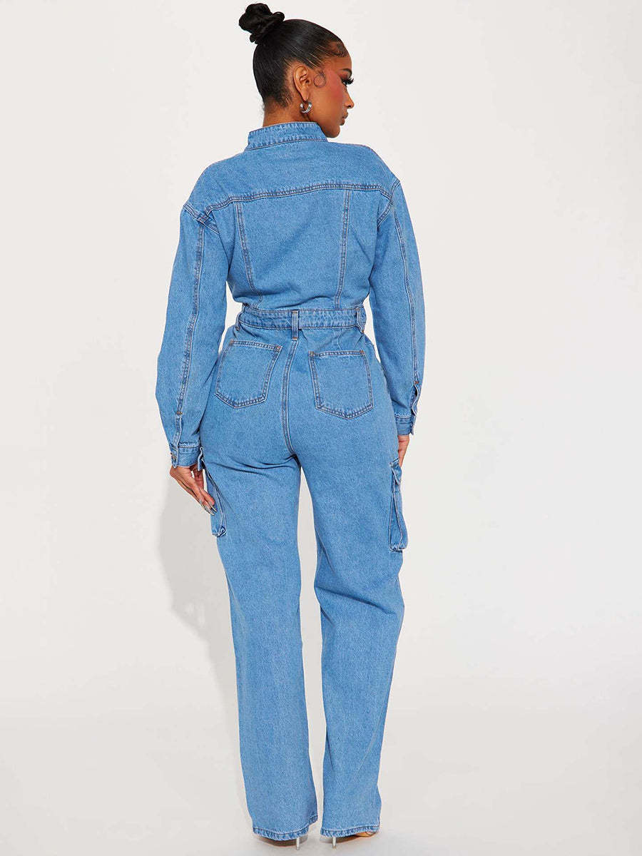 Cargo Denim Jumpsuit For Women - Light Blue Utility Style Accordion Pocket Wide Leg Jean Romper - Spring Streetwear 2026