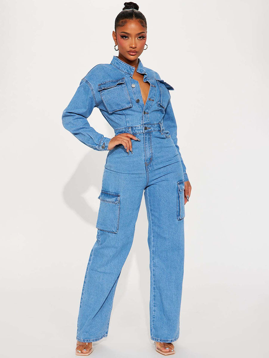Cargo Denim Jumpsuit For Women - Light Blue Utility Style Accordion Pocket Wide Leg Jean Romper - Spring Streetwear 2026