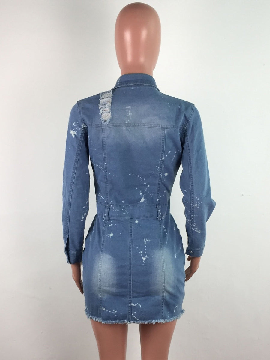 Distressed Denim Mini Dress For Women - Medium Blue Paint Splatter Bodycon Ripped Hem Jean Dress - Spring Night Out 2026