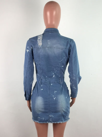 Distressed Denim Mini Dress For Women - Medium Blue Paint Splatter Bodycon Ripped Hem Jean Dress - Spring Night Out 2026