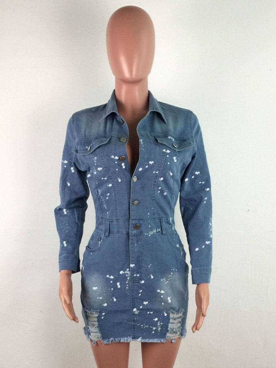 Distressed Denim Mini Dress For Women - Medium Blue Paint Splatter Bodycon Ripped Hem Jean Dress - Spring Night Out 2026