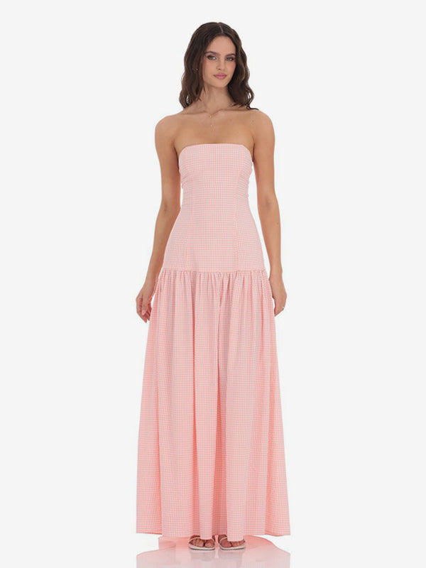Strapless Gingham Maxi Dress For Women - Plaid Bandeau Drop Waist Long Sundress - Summer Picnic 2026