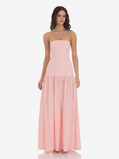 Strapless Gingham Maxi Dress For Women - Plaid Bandeau Drop Waist Long Sundress - Summer Picnic 2026