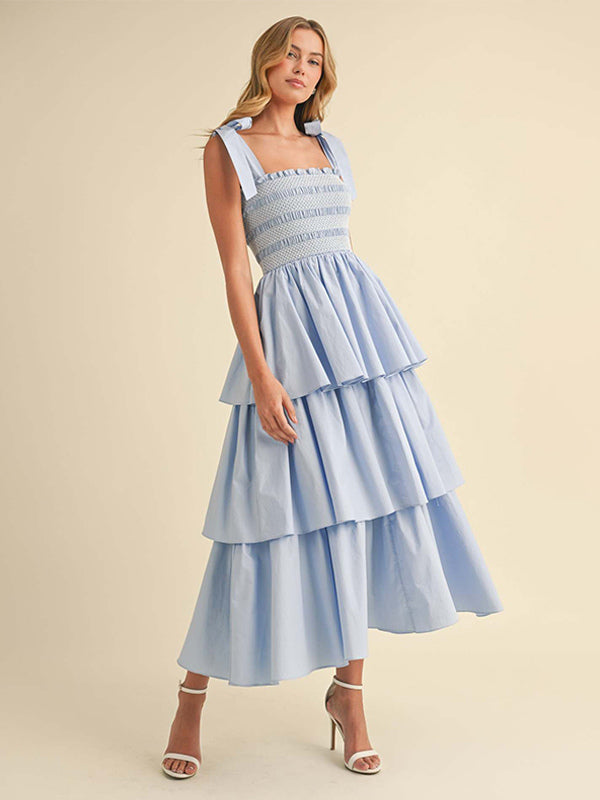 Tiered Smocked Sundress For Women - Boho Tie Strap Long A Line Dress - Summer Beach Party 2026