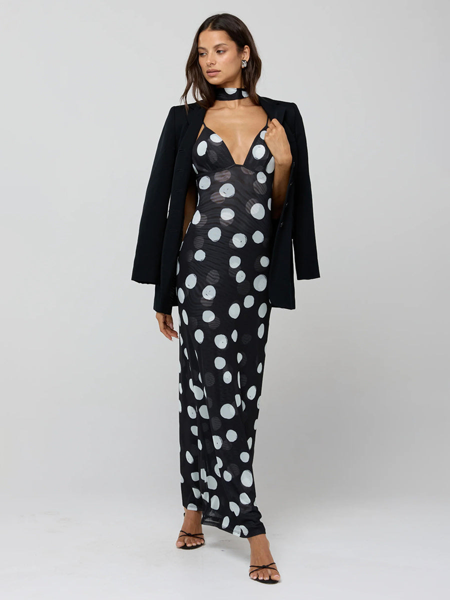 Polka Dot Slip Maxi Dress For Women - Vintage Deep V Neck Backless Bodycon Long Dress With Scarf - Summer Party Night 2026