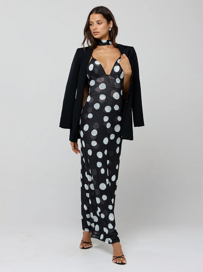 Polka Dot Slip Maxi Dress For Women - Vintage Deep V Neck Backless Bodycon Long Dress With Scarf - Summer Party Night 2026