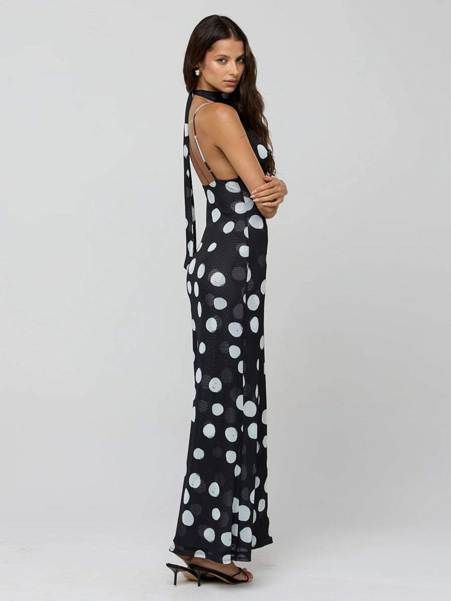 Polka Dot Slip Maxi Dress For Women - Vintage Deep V Neck Backless Bodycon Long Dress With Scarf - Summer Party Night 2026