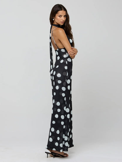 Polka Dot Slip Maxi Dress For Women - Vintage Deep V Neck Backless Bodycon Long Dress With Scarf - Summer Party Night 2026