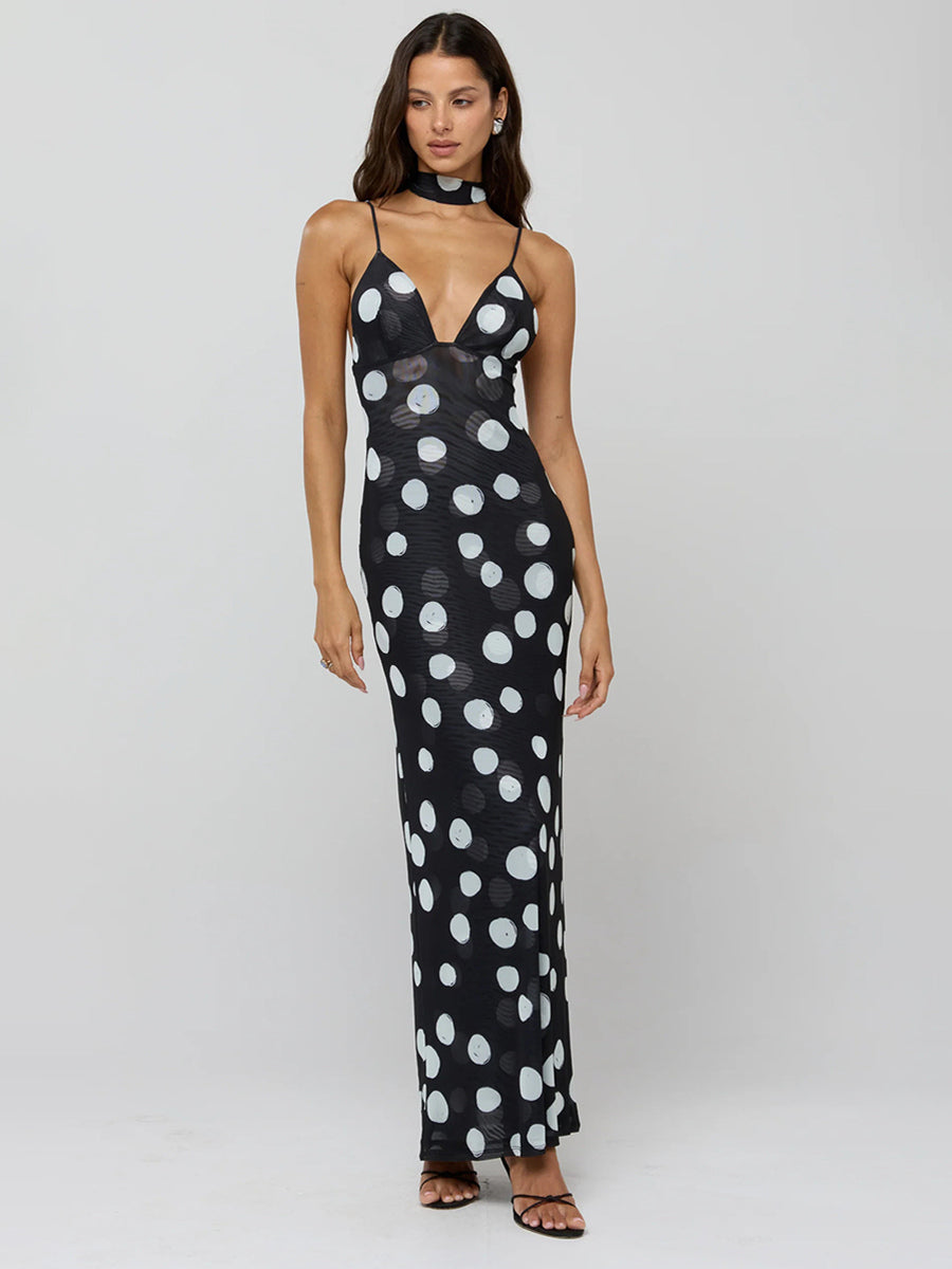 Polka Dot Slip Maxi Dress For Women - Vintage Deep V Neck Backless Bodycon Long Dress With Scarf - Summer Party Night 2026